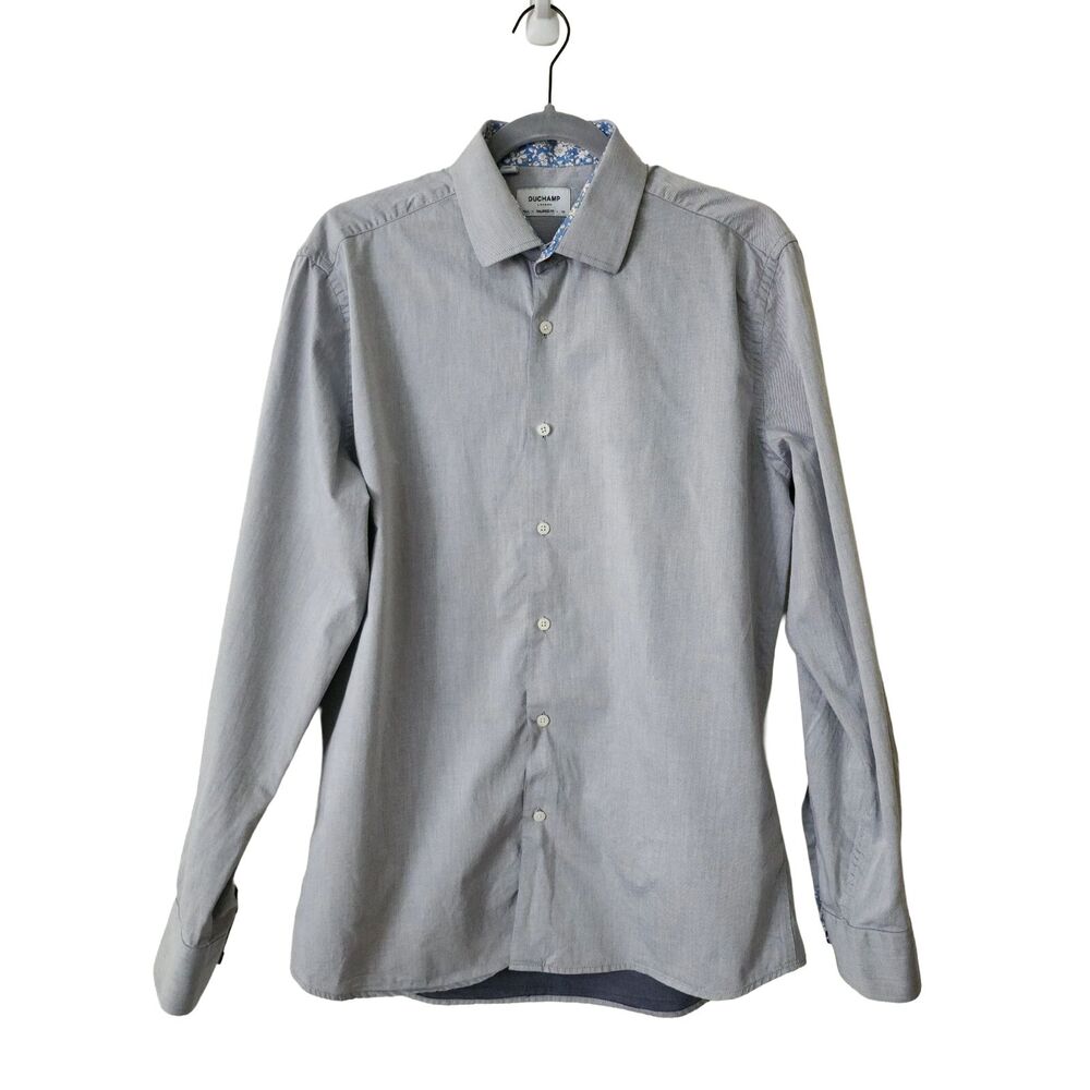 Duchamp London Mens Tailored Fit Cotton Shirt Gray Button Up Floral 16.5 L 42